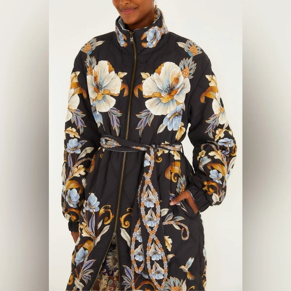 Farm Rio: Black Flowerful Snake Garden Reversible Maxi Puffer Jacket DT - Picture 1 of 14